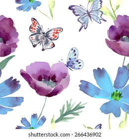 Seamless pattern with flowers and butterflies. Bright colors watercolor background.