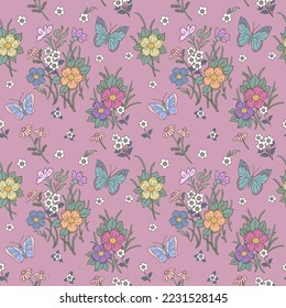 Seamless pattern with flowers and butterflies. Can be used on packaging paper, fabric, background for different images, etc.