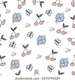 seamless pattern with flowers, butterflies and cherries on a light background, vector.