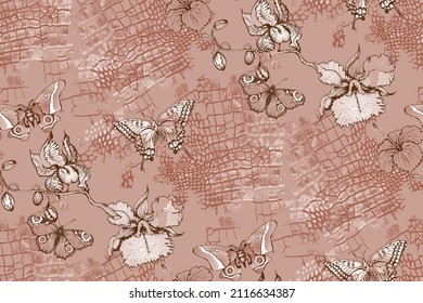 Seamless pattern. Flowers, butterflies, crocodile skin. Brown  flavor. 

