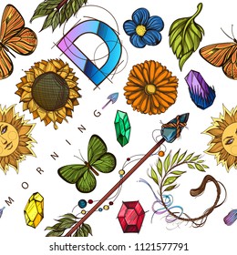 Seamless pattern with flowers, butterflies, crystals, arrows and inscription "Good morning" for wrapping paper, wallpaper, textiles, web page background and much more.