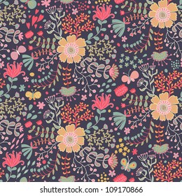 Seamless pattern with flowers and butterflies in dark colors