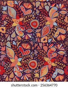 Seamless pattern with flowers and butterflies in dark background