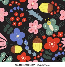 Seamless pattern with flowers and butterflies in dark colors