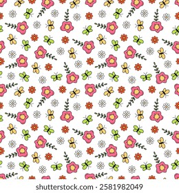 Seamless pattern with flowers and butterflies in doodle style.  Ideal for baby clothes, textiles, packaging, web backgrounds, fabrics, wrapping paper, decoration. On a white background