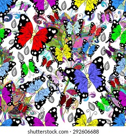 Seamless pattern with flowers and butterflies and doodles on white background