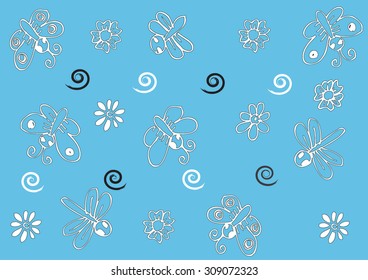  seamless pattern with flowers and butterflies of doodles