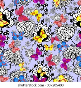 Seamless pattern with flowers and butterflies and doodles on gray background