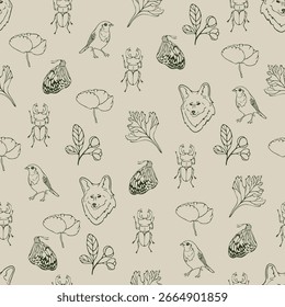 seamless pattern with flowers and butterflies, fox, insect