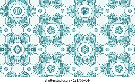 Seamless pattern with flowers, butterflies and geometric shapes in light blue color.
A hand drawn seamless vector pattern for tile.