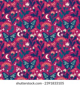 Seamless pattern with flowers and butterflies, hand drawn style vector illustration