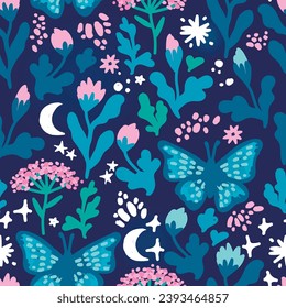 Patrón sin soldadura con flores y mariposas, ilustración vectorial de estilo dibujado a mano