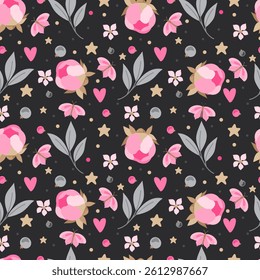 Seamless pattern with flowers, flowers and butterflies. Hand drawn vector illustration.