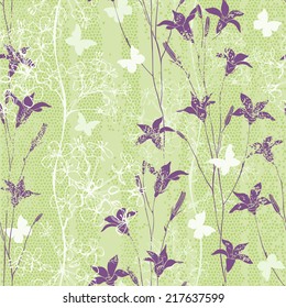 Seamless pattern of  flowers and butterflies. Hand-drawn floral background.