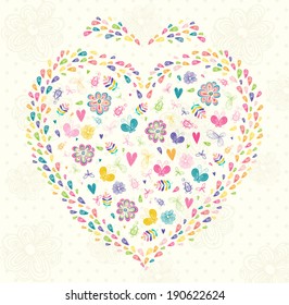 The seamless pattern with flowers, butterflies, hearts and swirls.