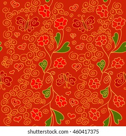 Seamless pattern with flowers, butterflies and hearts. Stained-glass window style. vector