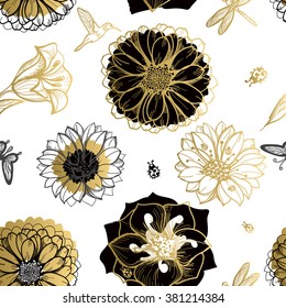 Seamless pattern flowers, butterflies, hummingbirds, white background. Gold floral, black elements,flower line,gold thread pattern,gold seamless lace.Spring,summer theme. 