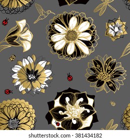 Seamless pattern flowers, butterflies, hummingbirds, dark background. Gold flowers, black elements,flower line,gold thread pattern,gold seamless lace.Spring,summer theme. 