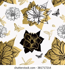 Seamless pattern flowers, butterflies, hummingbirds, white background. Gold floral, black elements,flower line,gold thread pattern,gold seamless lace.Spring,summer theme. 