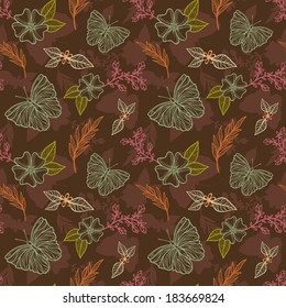 Seamless pattern with flowers, butterflies and leafs