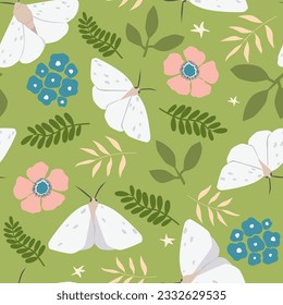Patrón sin foco con flores, mariposas, hojas. Resumen de la impresión natural de verano. Gráficos vectoriales.