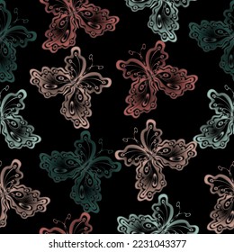 Seamless pattern Flowers. Butterflies moths insect fly. Celestial magic abstract mystic design. Gothic witch drawing. 