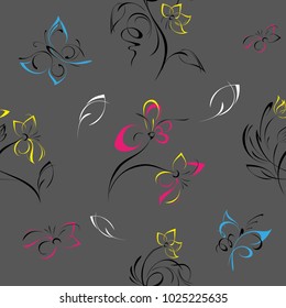 seamless pattern with flowers and butterflies on grey background

