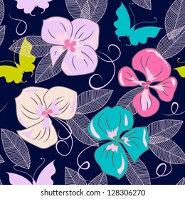 seamless pattern  with flowers and butterflies on blue background
