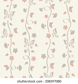 Seamless pattern with flowers and butterflies on light background in vector 