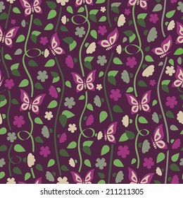 Seamless pattern with flowers and butterflies on brown background in vector 