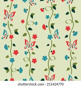 Seamless pattern with flowers and butterflies on green background in vector 