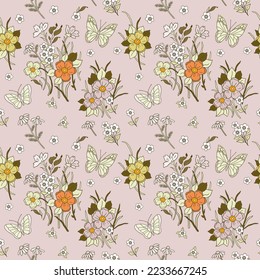Seamless pattern with flowers and butterflies on a soft pink background. Can be used on packaging paper, fabric, background for various images, etc.