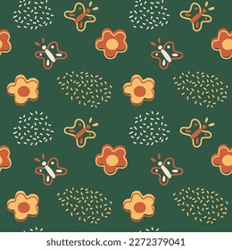 Seamless pattern with flowers and butterflies on a green background. Insects and plants. Vector illustration in doodle style.