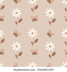 Seamless pattern with flowers and butterflies on a beige background