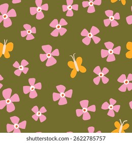 Patrón sin fisuras con flores y mariposas sobre fondo verde. Dibujado a mano lindo diseño de primavera y verano