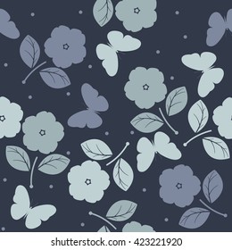 Seamless pattern with flowers and butterflies on blue background can be used for design fabric, backgrounds, wrapping paper, package, covers, linen and more designs.