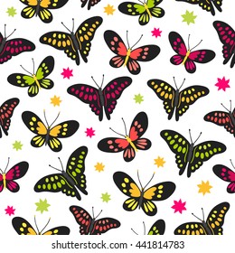 Seamless pattern with flowers and butterflies on white background