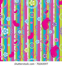 Seamless pattern with flowers and butterflies on striped background