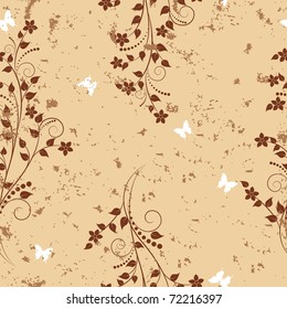 Seamless pattern with flowers and butterflies on grunge background. Vector.