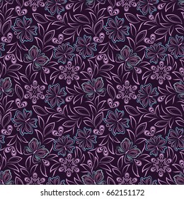 Seamless pattern with flowers and butterflies out of small dots. Tropical  ornament - burgundy  print for design. Vector background.