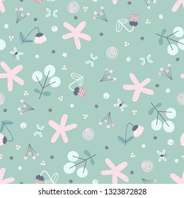 Seamless pattern with flowers and butterflies. Perfect for kids fabric, textile, nursery wallpaper. Cute background.