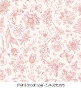 Seamless pattern with flowers and butterflies. Pink.