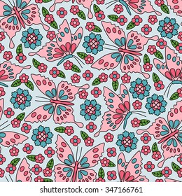 Seamless pattern with flowers and butterflies in pink and blue colors. Cute spring background.