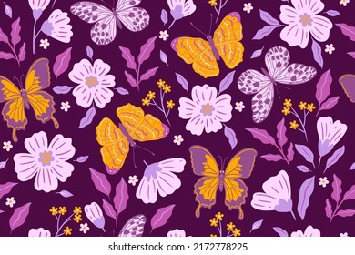 Patrón inmaculado con flores y mariposas en tonos morados y amarillos. Gráficos vectoriales.