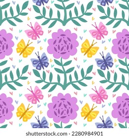 Patrón inmaculado con flores y mariposas, patrón de repetición.Para papel, cubiertas, telas, textiles, envoltura de regalo, publicidad, arte mural, decoración interior. Ilustración vectorial de la moda.