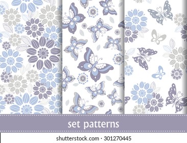 Seamless pattern of flowers and butterflies. Set grunge patterns for backgrounds and textures.
