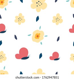 Nahtlose Muster von Blumen und Schmetterlingen. Frühlings- oder Sommerkonzept. Flache Vektorgrafik. Kindergartendesign. Einfach und handgezeichnet. 
