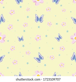 Seamless pattern with flowers and butterflies. summer soft colors for background, wrapping paper, fabric, Wallpaper, etc