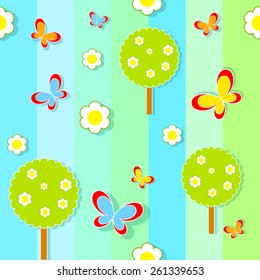 Seamless pattern with flowers and butterflies trees. Children's wallpaper with summer landscape