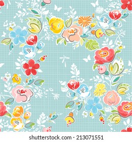 Seamless pattern with flowers and butterflies, vector illustration. 